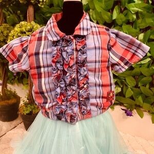 Vintage 18M Baby Sesame Street Elmo Blue Red White Plaid Ruffle Button Down